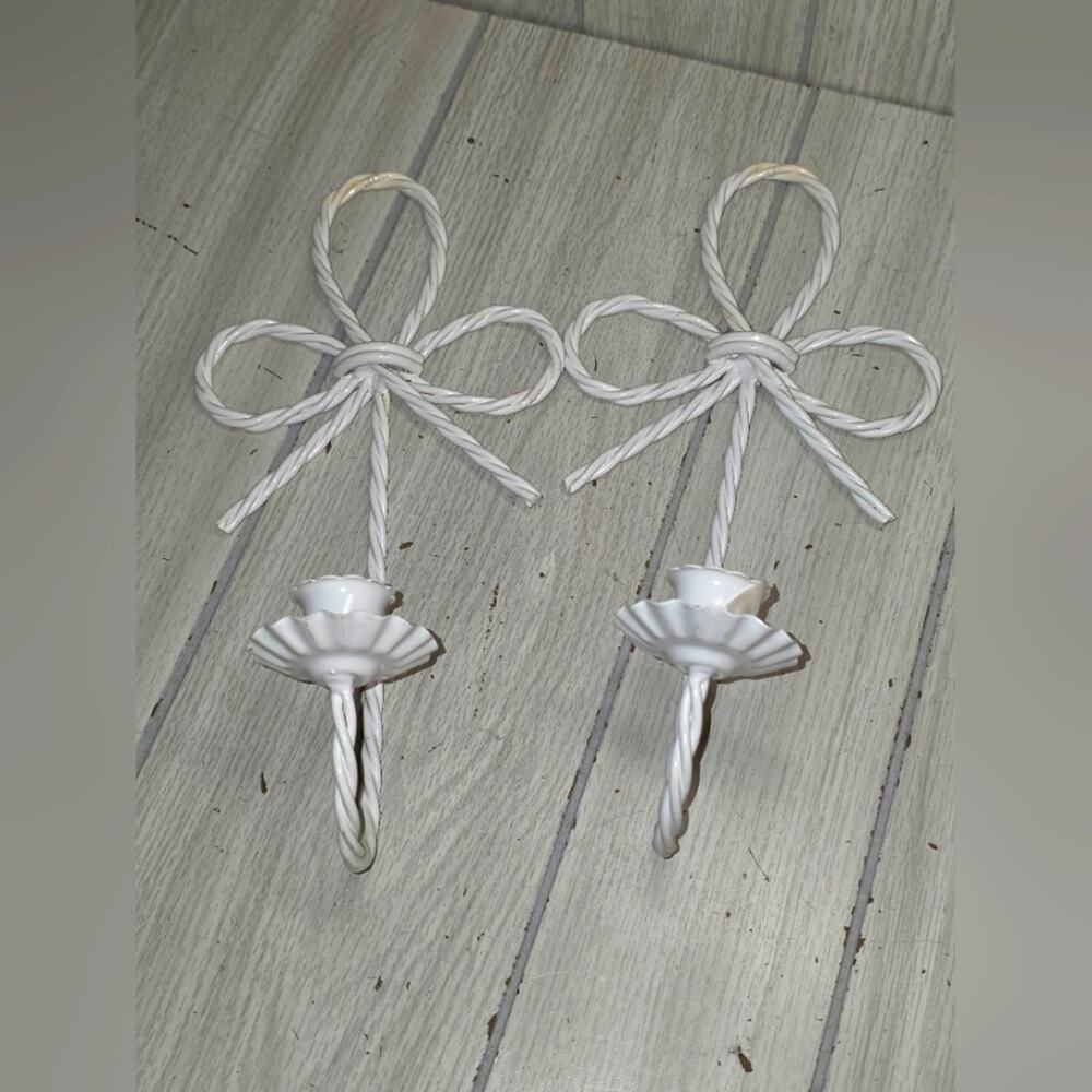 Vtg White Twisted Metal Bow Wall Sconces French Country Candle Holders Farmhouse
